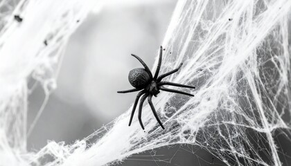 Black spider centered on intricate white web—blurred background enhances contrast and texture, evoking tension, precision, and natural design in minimalist arachnid symbolism composition.