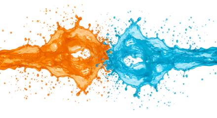 Dynamic collision of vibrant orange and blue liquid splashes frozen in mid air isolated on transparent background