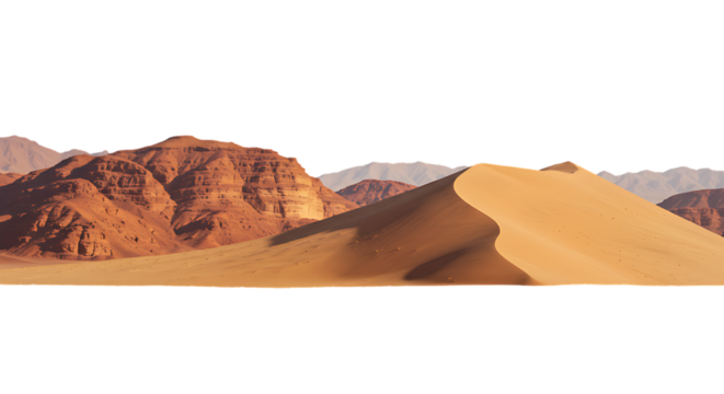 Expansive desert landscape with dramatic sand dunes and rugged rock formations isolated on transparent background