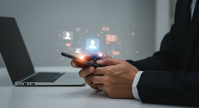 Businessman using smartphone with social media icons floating above the screen, laptop on the table