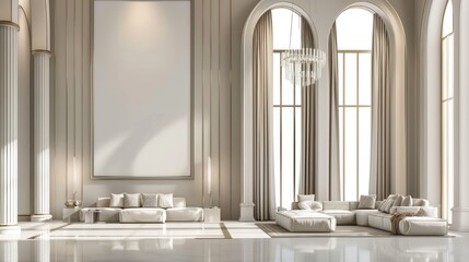 Elegant Modern Living Room with Tall Windows and Classic Columns in Neutral Tones