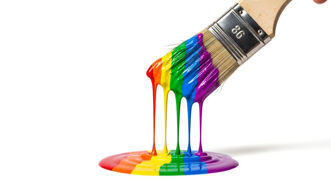 Paint brush with rainbow colors dripping down isolated on white background concept of creativity, art, painting, and diversity with vibrant hues
