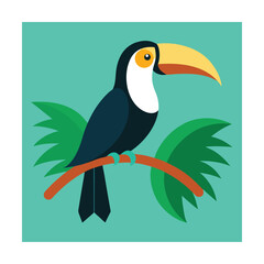 Naklejka premium Toucan with Yellow Beak on a Branch Flat Illustration Keywords: toucan, bird, perched, branch