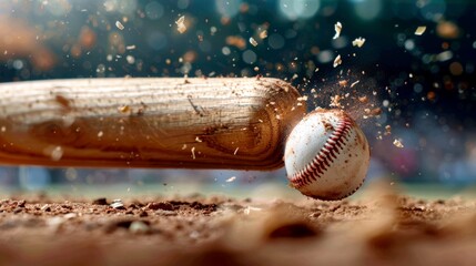 macro shot of a wooden baseball bat at the precise moment it makes contact with the ball