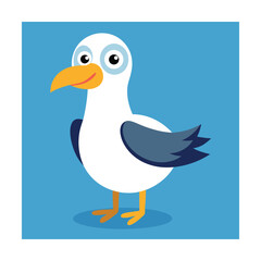 Whimsical cartoon seagull with big eyes on blue background