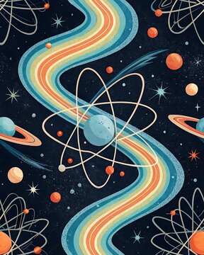 Cosmic atomic illustration with planets, stars, and colorful curved galaxy lines