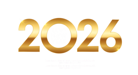 Golden 2026 happy new year text with festive celebration elements isolated on transparent background