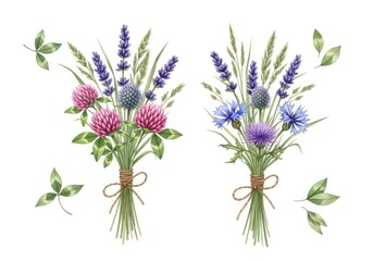 Naklejka premium Watercolor Bouquet with Lavender, Clover, and Thistle Flowers on White Background