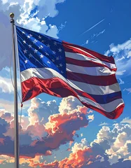 A vibrant digital illustration of an American flag waving proudly against a backdrop of a beautiful sunset sky © Bakut
