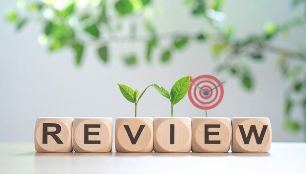 Wooden blocks spell “REVIEW” atop graphs—blurred clock and notebook evoke data analysis, performance reflection, and time-bound evaluation in minimalist business symbolism composition.