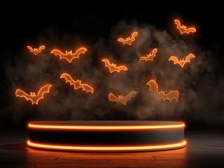 Floating Podium with Neon Orange Bats and Smoky Atmosphere for Spooky Events