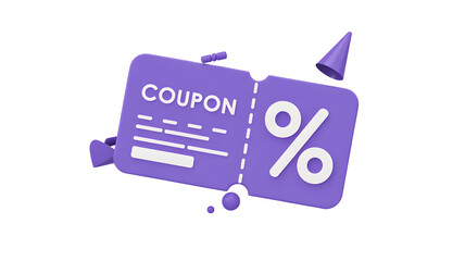3D rendered coupon with percentage symbol offers discounts and savings visually