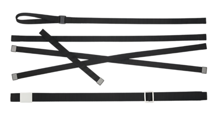 Collection of various black fabric belts with metal buckles and loops isolated on transparent background