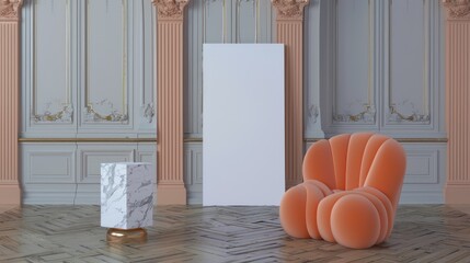 Elegant Modern Lounge Scene with Orange Plush Chair and Marble Pedestal in Ornate Room