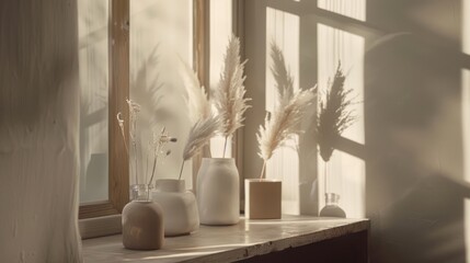 Elegant Neutral Colored Ceramic Vases with Pampas Grass on Window Sill in Soft Sunlight