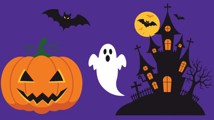 Flat vector pumpkin, ghost, bat, and haunted house, bold outlines,  spooky minimal style.