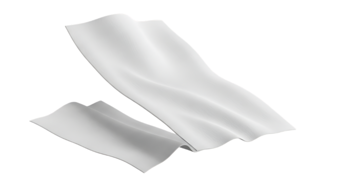 Two white fabric pieces one large and flowing the other small and folded isolated on transparent background