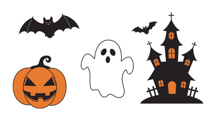 Flat vector pumpkin, ghost, bat, and haunted house, bold outlines,  spooky minimal style.