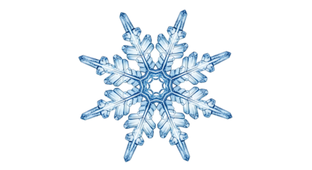 Intricate hexagonal ice crystal snowflake with delicate crystalline structures isolated on transparent background