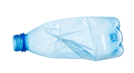 Crushed clear plastic water bottle with blue cap lying on its side isolated on transparent background