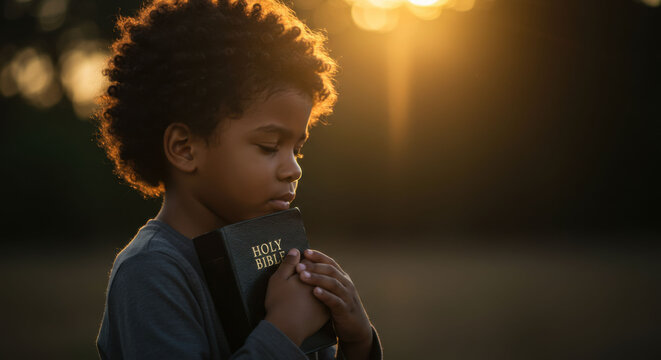 African american boy holding bible and praying with closed eyes at sunset. Religion concept. Christianity and hope.
