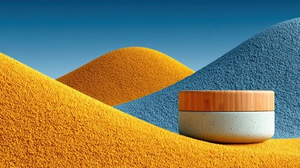 Stunning presentation for skincare product with vibrant yellow and blue textured dunes against a clear sky bringing a modern, clean aesthetic