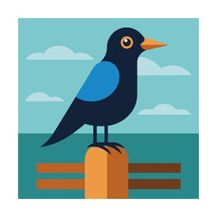 Black bird with blue wing patch on a wooden post crow