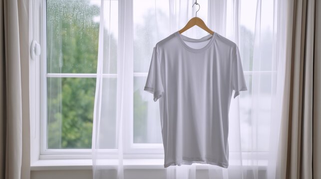Simple white men's tshirt hanging on a natural wood hanger against a bright white backdrop with soft natural light creating a clean, minimal, and fresh appearance with ample copy space - Powered by Adobe