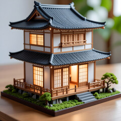 Japanese house miniature building on the wooden table.