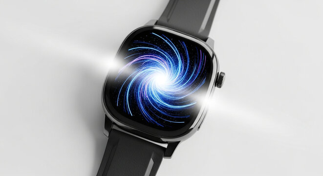 Sleek smartwatch with a swirling light display isolated on white background, blending technology and elegance for a modern lifestyle, offering seamless connectivity and style