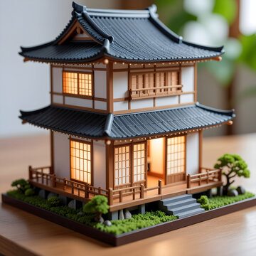 Japanese house miniature building on the wooden table.