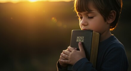 Little boy child praying with closed eyes and holding Holy Bible to his chest at sunset. Christianity and faith concept.