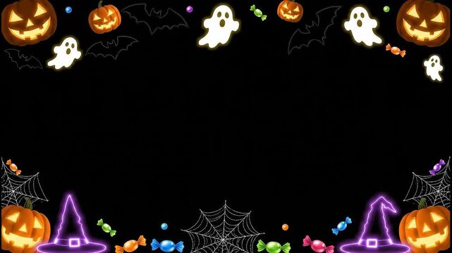 Animated Halloween decorative border with glowing jack-o'-lanterns, spooky ghosts, and bats on a black background with central copy space