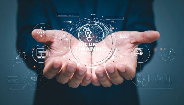 Open hands hold glowing “DEEP LEARNING” graphic—neural network icon surrounded by data, cloud, gear, and magnifier evoke AI integration, insight, and control in minimalist machine learning symbolism c