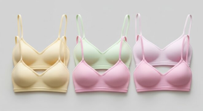 Soft pastel bralettes displayed on hooks against a white background