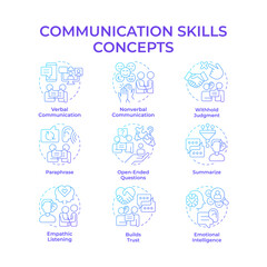 Communication skills blue gradient concept icons. Empathic listening, conversation. Emotional intelligence. Icon pack. Vector images. Round shape illustrations for booklet, blog post. Abstract idea