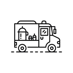 Simple line art icon of a food truck with serving window and containers