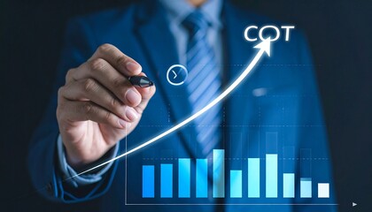 Person in suit draws upward line over bar graph labeled “COT”—rising bars and faint data overlay evoke financial growth, market analysis, and strategic insight in minimalist economic symbolism composi