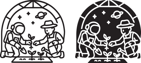 Astronaut and Farmer Growing Plants in Space Icon