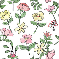 Colorful blooming flower and green leaf on white background seamless pattern