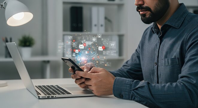 Man using smartphone with social media icons, working on laptop, communication and technology concept - Powered by Adobe