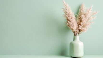 Elegant Pale Green Vase with Pampas Grass Arranged in Minimalist Interior Setting