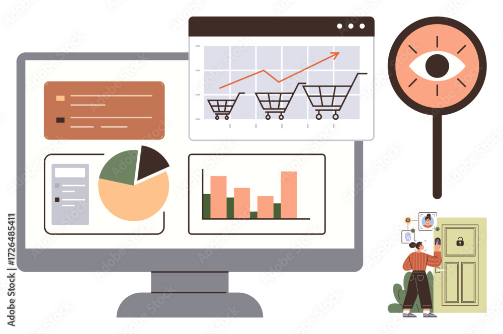 Poster computer screen displaying charts, shopping data, and analytics. features magnifying glass symbolizi