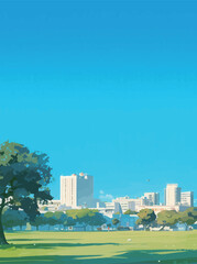 Obraz premium A vibrant park stretches under a clear blue sky. Lush trees dot the landscape, with distant buildings showcasing the lively city skyline.