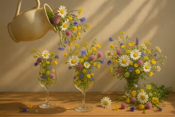 Daisy Flowers in Vases and Pitcher Still Life Arrangement Indoors