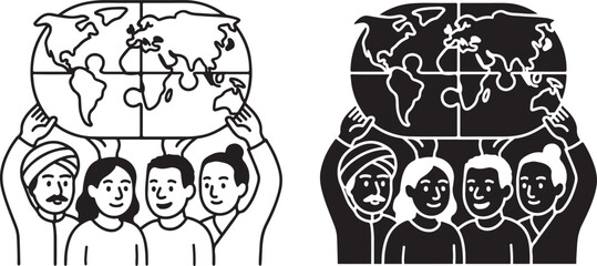 Diverse People Holding World Map Icon for Global Unity