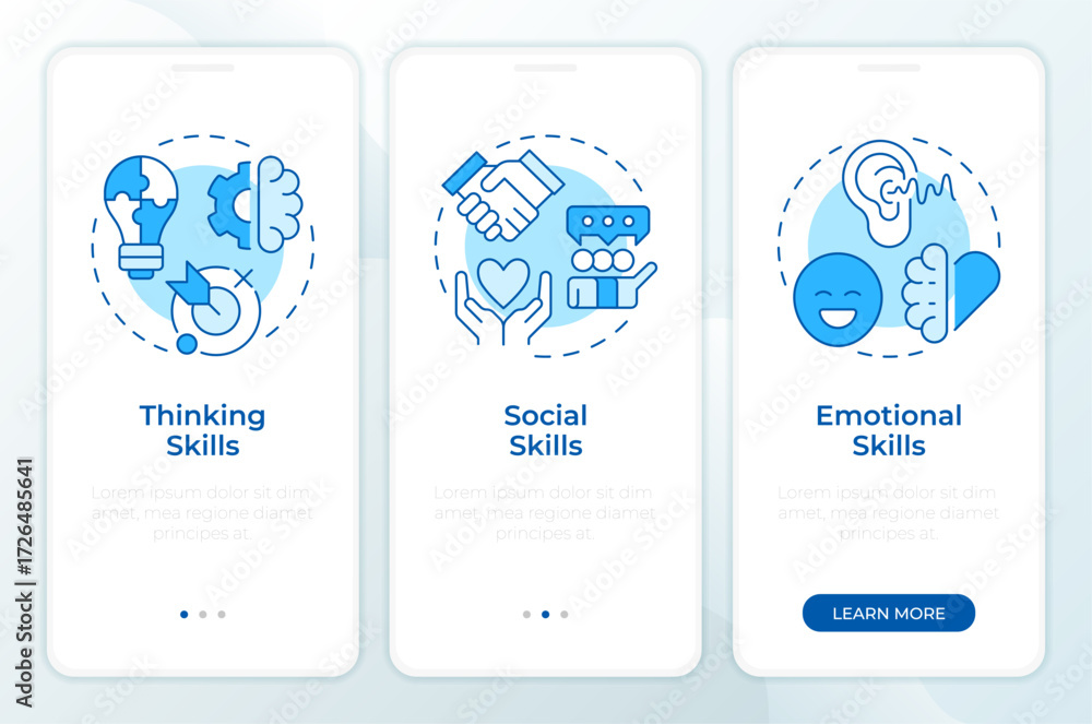 Poster life skills blue onboarding mobile app screen. routine confidence. walkthrough 3 steps editable grap