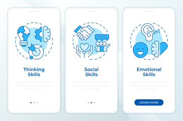 Life skills blue onboarding mobile app screen. Routine confidence. Walkthrough 3 steps editable graphic instructions with linear concepts. UI, UX, GUI. Montserrat SemiBold, Regular fonts used