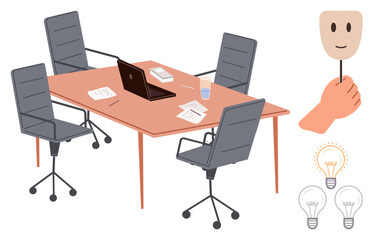 Fototapeta premium Conference table with laptop, papers, chairs, and symbolic hand holding a smiling mask. Lightbulbs symbolize ideas, insights, brainstorming, collaboration decision-making innovation. Ideal