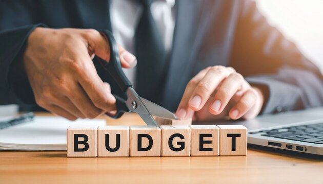 Hands adjust wooden &ldquo;BUDGET&rdquo; blocks over dollar bills&mdash;scissors poised to cut between &ldquo;D&rdquo; and &ldquo;G&rdquo; evoke financial reduction, expense control, and strategic adjustment in minimalist economic symbolism c